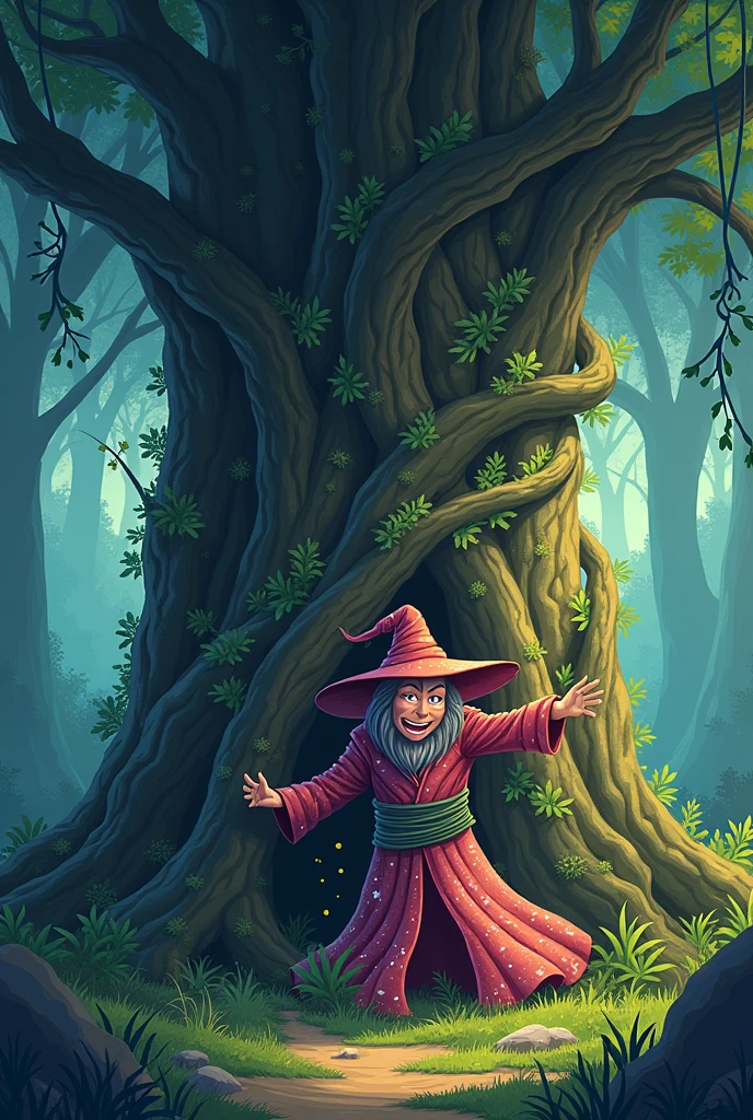A bad wizard got tied up against the tree with sparkly robe. Make it animation