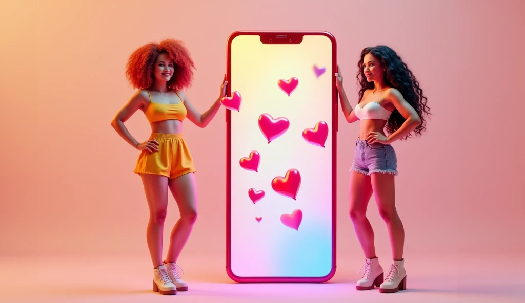 banner image, for a virtual service app, featuring 2 beautiful brazilian white woman in cute sexy "girlfriend" like clothes, standing side to side to real life size mobile phone displaying blank shining screen with lots of 3d hearts emojis in high quality and 3d message icons in HD, flying off the phone and into the foreground.