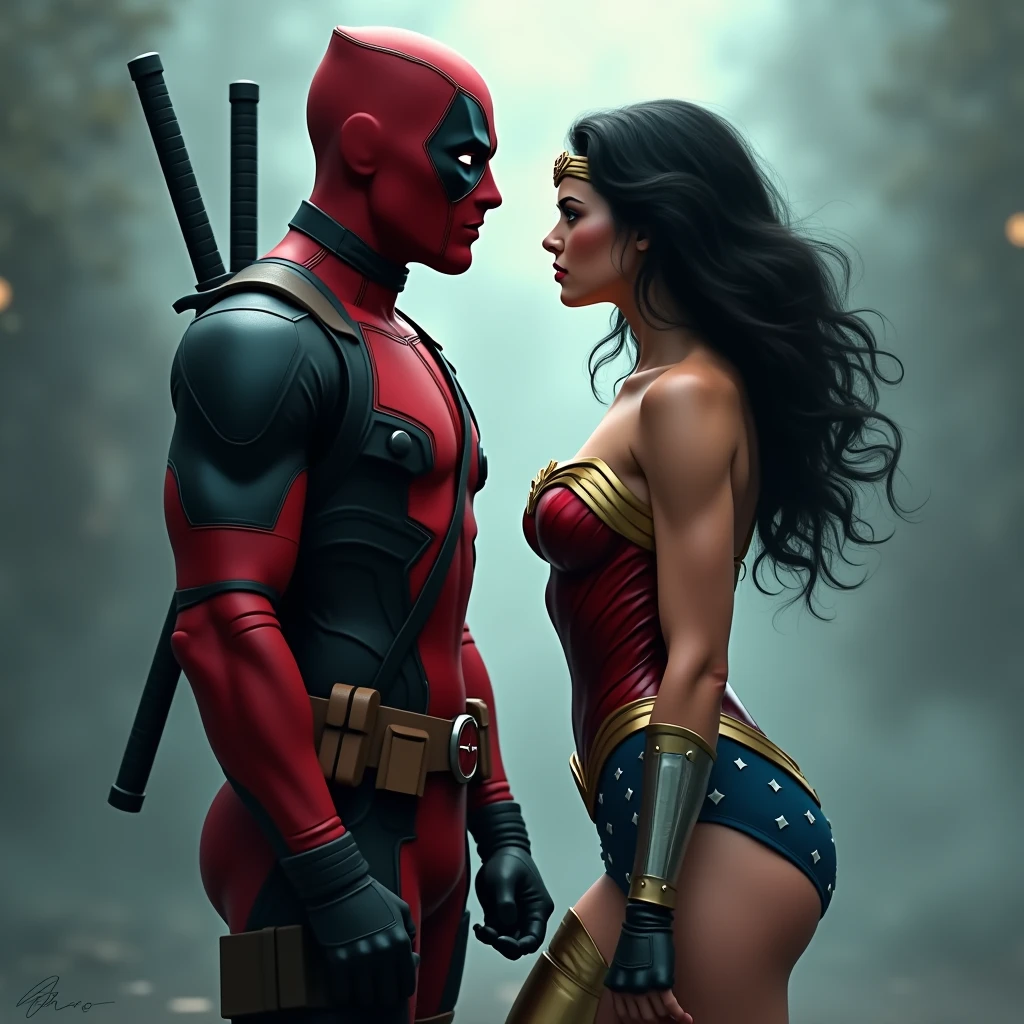 deadpool and wonder woman like a erotic porn star, detailed illustration, cinematic, coming out of a thick fog, facing the camera, highly detailed, hyper-realistic, 8k, masterpiece, professional, vivid colors, dramatic lighting, comic book style, intense expression, powerful pose, muscular body, wearing red and black costume, swords on back, gritty, moody, atmospheric.