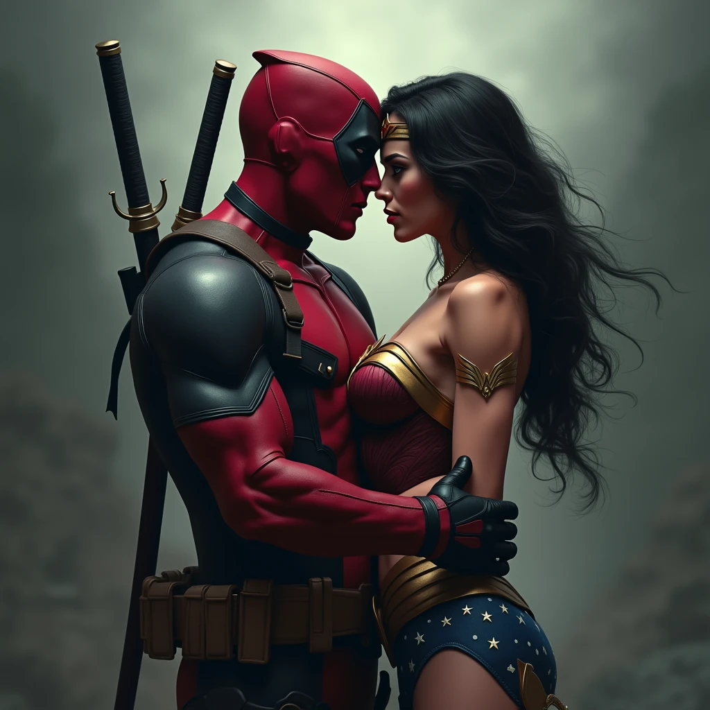 1 boy 1 girl, a muscular man in deadpool armor and mask, a curvy naked hourglass woman in wonderwoman costume with wide hips and thick thighs, glowing rope entwining her waist, deadpool pulling glowing rope , couple engaged in doggystyle sex, 1 boy and 1 girl, the arkham streets at night, cinematic lighting, hyper detailed, 8k, photorealistic, dramatic lighting, moody atmosphere, gritty and dark, comic book style, rich colors, dynamic pose