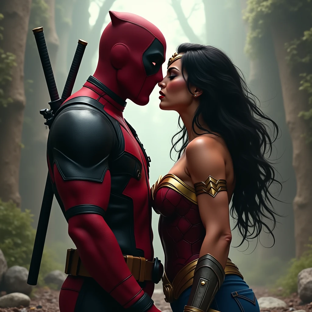 deadpool and wonder woman like a erotic porn star, detailed illustration, cinematic, coming out of a thick fog, facing the camera, highly detailed, hyper-realistic, 8k, masterpiece, professional, vivid colors, dramatic lighting, comic book style, intense expression, powerful pose, muscular body, wearing red and black costume, swords on back, gritty, moody, atmospheric.