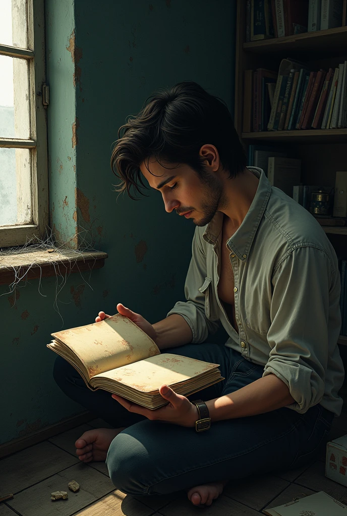 Make an illustration of a writer finding a diary in the basement