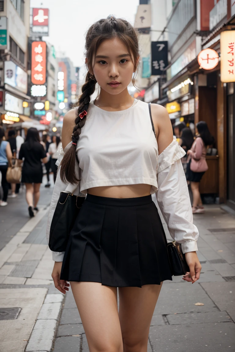 Woman walking streets of Seoul Korea, tiny mini skirt, pleated fluffy braids in hair, sexy body, woman body
