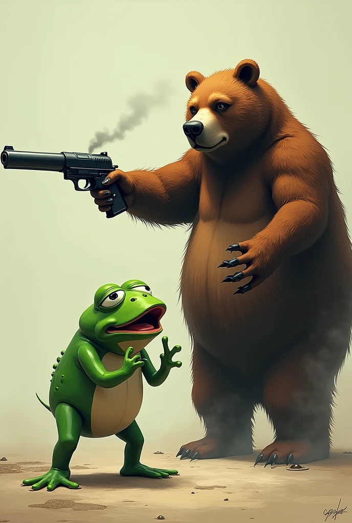 Pepe the frog getting gun shot by bobo the bear