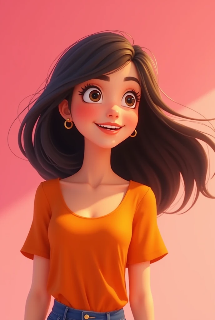 animation character, Brunetette, with an orange blouse, pink back ground,