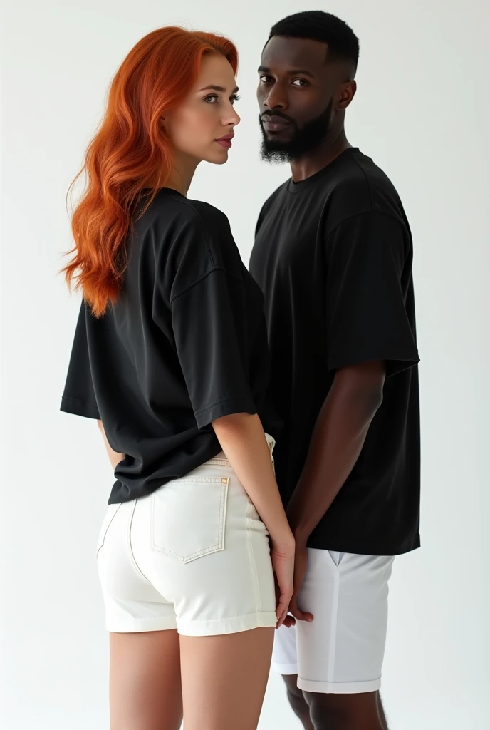 "Fashion studio shot, white background. Two models: Greek woman, about 25, with striking red hair and an elegant appearance, displaying a confident and affectionate expression; African American man, about 30. Both are wearing oversized plain black t-shirts (no design). The man is wearing white knee-length shorts, facing the wall with his back to the camera. The woman, with a beautifully enhanced figure, is facing the camera in profile. She is wearing a cropped oversized black t-shirt and a tight white mini skirt that highlights her curves. Ensure the t-shirt has a matte finish with minimal shine. The image should capture the full bodies of both models, focusing on the woman's enhanced glute area and her proud, warm demeanor."