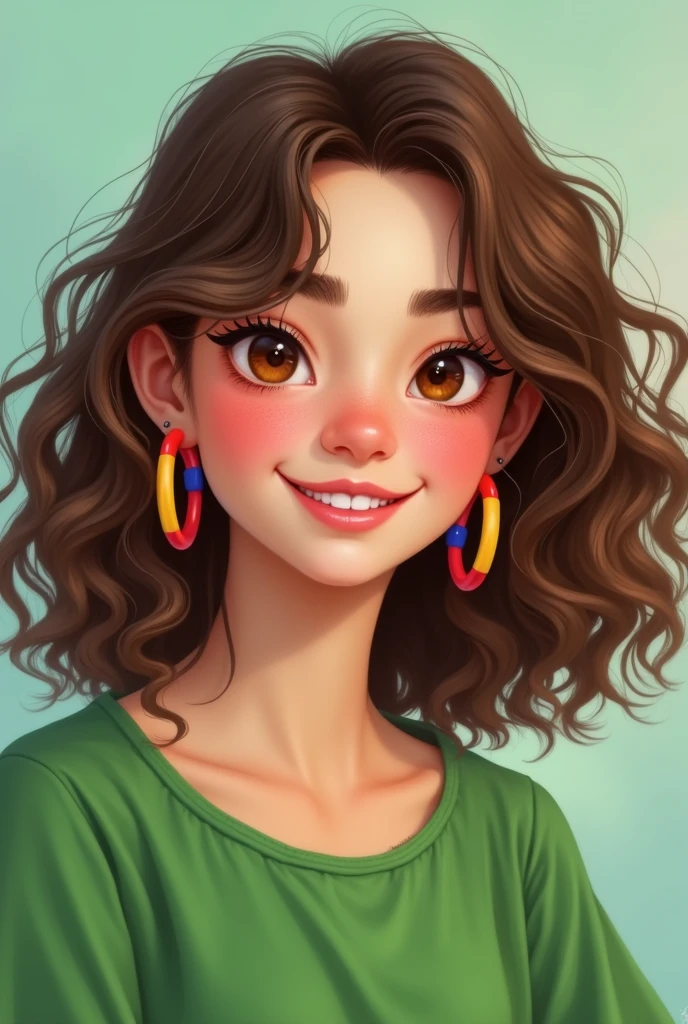 Make a cute girl with curly brown hair, with a green blouse and colorful hoop earrings.