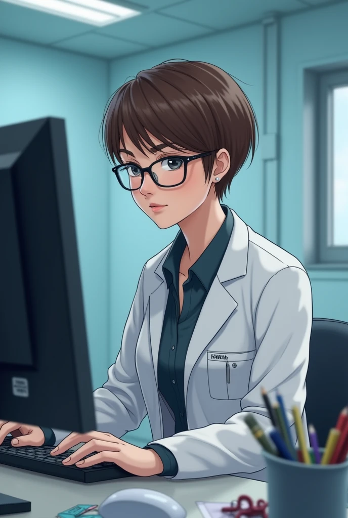 Woman in glasses, short brown hair, in a doctor's office alone with computer and some school supplies teacher