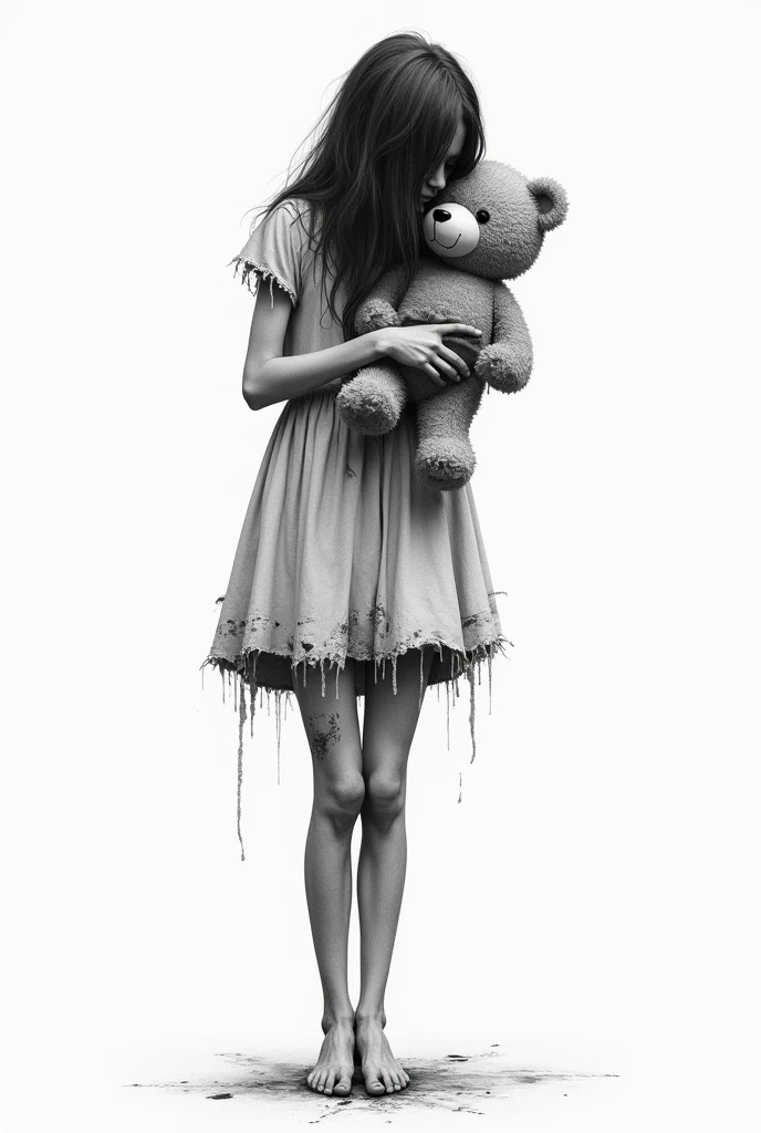 One with only legs , with a dress, holding a teddy bear, in the dress a tear, with some blood bruises on the body, black and white drawing 