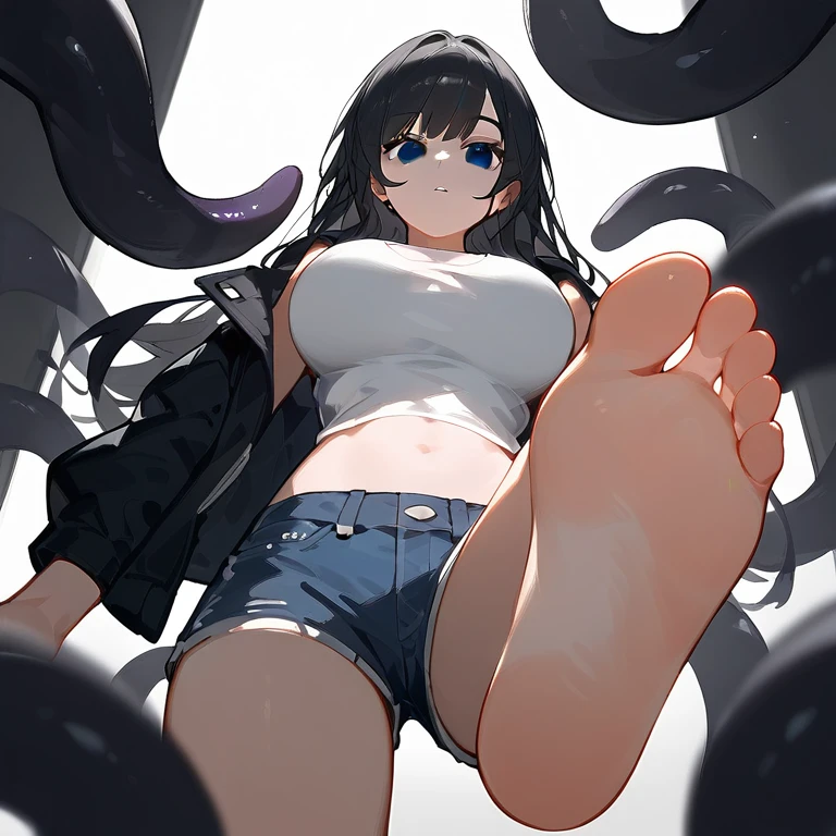 In the dark interrogation room,Dim lighting,1 female,front,Black eyes,Clarity of facial features,Black hair,White Belly Tank Top,Black jacket,Bangs, Long hair,齐Bangs, Denim shorts,Large Breasts(d),Solitary,Alone,Low Angle,Perfect feet,A big foot,Soles,Lift one foot,Stand on one foot,(adult),Pin 8,Many black tentacle-like tails grew from behind the woman,Looking up, Perspective drawing, Wide-angle lens, Fisheye lens,