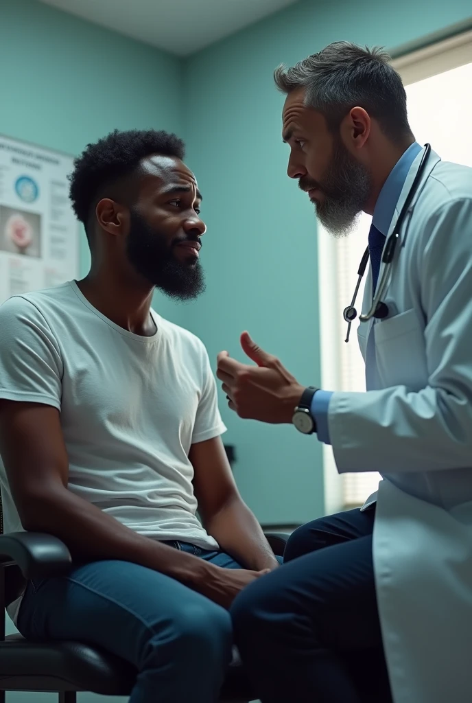 Image of a black man in a doctor&#39;s office, with a doctor explaining the cancer diagnosis. And a sad face