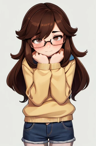 1boy 16 year old, overside girl sweater, drak brown hair, jean shorts, glasses, shy, blushing