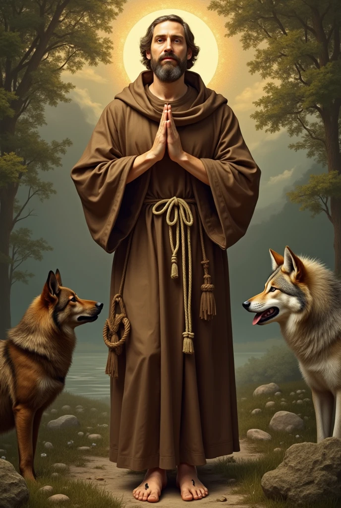 "Create an ultra-high-quality image of Saint Francis of Assisi in a natural setting, wearing a simple brown habit with a rope belt featuring three knots. His hands and feet display the stigmata, and he is surrounded by animals like birds and a wolf, symbolizing his deep connection with nature. He is depicted in a moment of prayerful ecstasy, holding a small wooden cross. The background shows a serene landscape, reinforcing his message of simplicity and harmony with all living things. Include intricate golden details highlighting his aura and spiritual radiance, with delicate gold accents throughout the scene to enhance the divine connection."