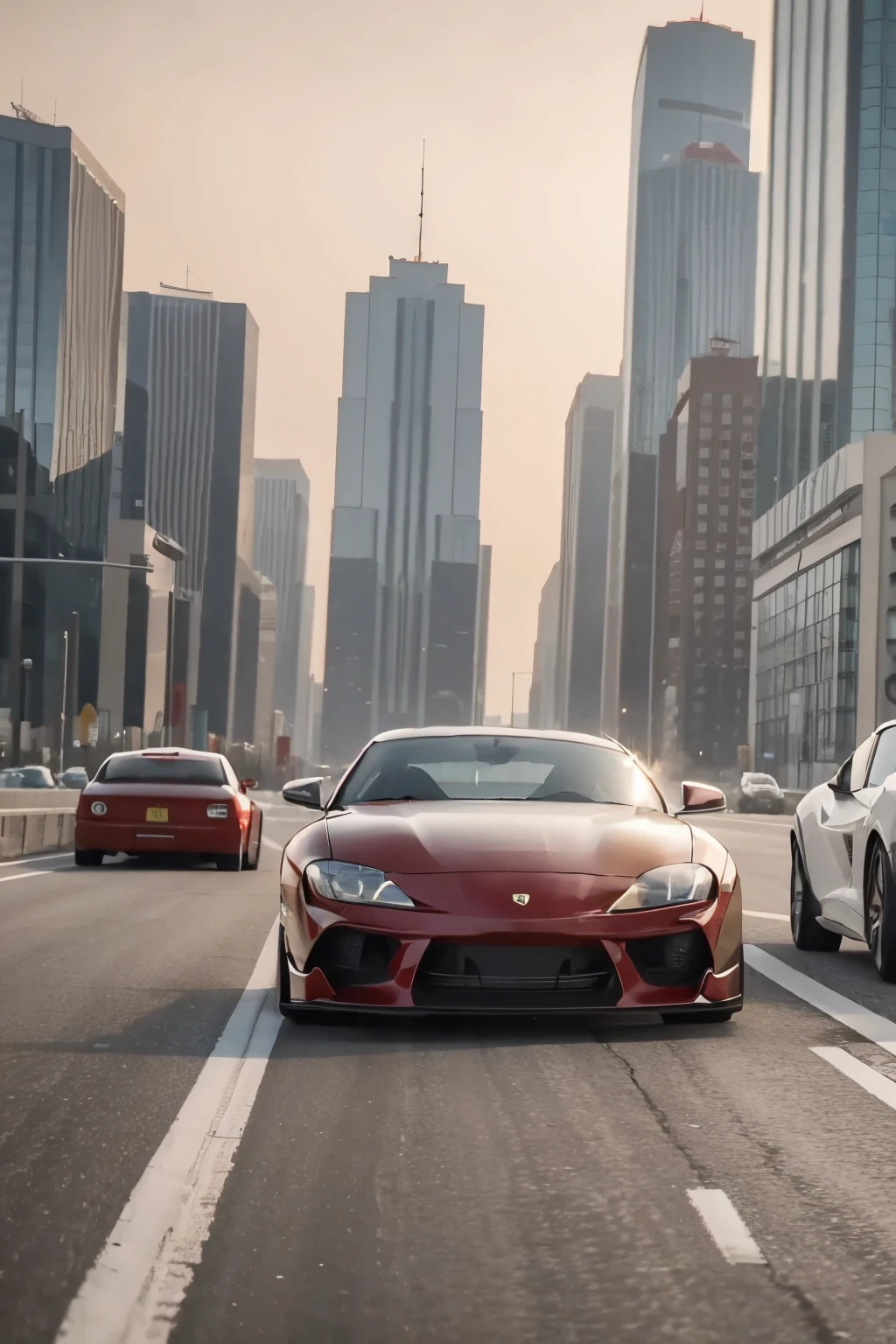 old toyota supra speeding in the city overtaking a Ferrari.