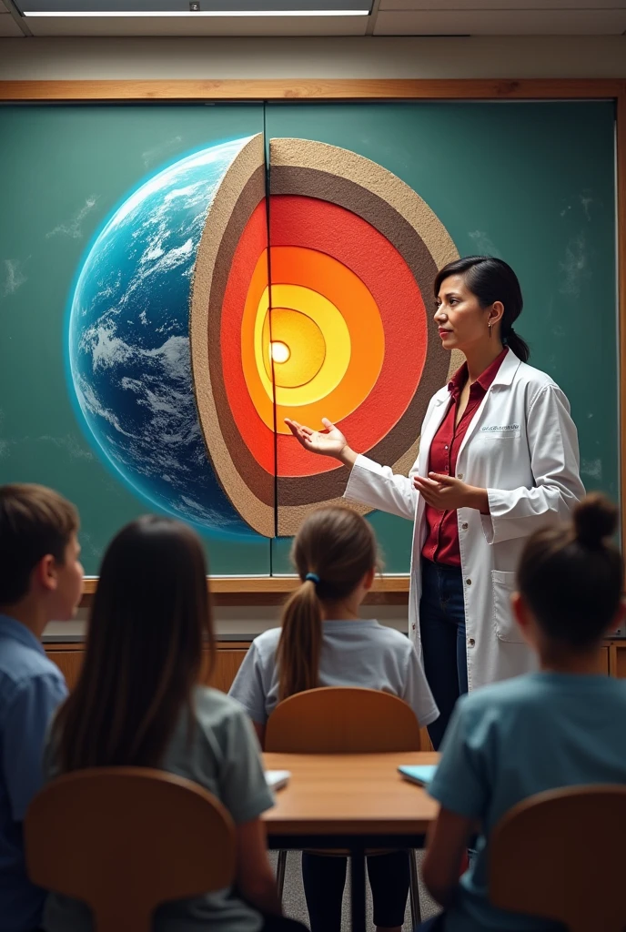 Viñeta 2:
The teacher points to a diagram on the board showing a cross section of the Earth..
teacher: "Through seismic studies and rock analysis, Scientists have managed to discover what our Earth is like inside. Look at this diagram!"
The diagram shows the cortex, the cloak, the outer core and the inner core with their respective characteristics.