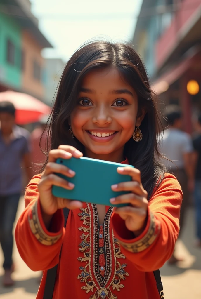Create a Bangladeshi girl who is taking selfies
