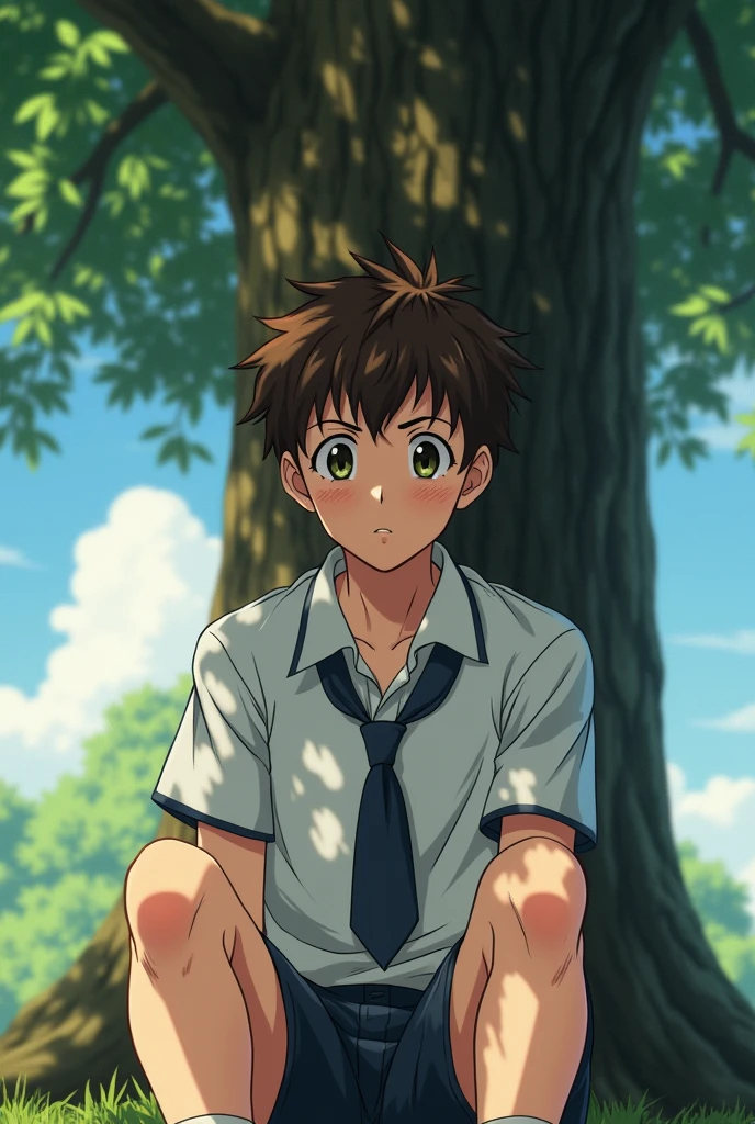 An anime boy of seventeen years old, with thick brown hair, sits under a tree in the shade. Beads of sweat are dripping from him because he was running in physical education class.