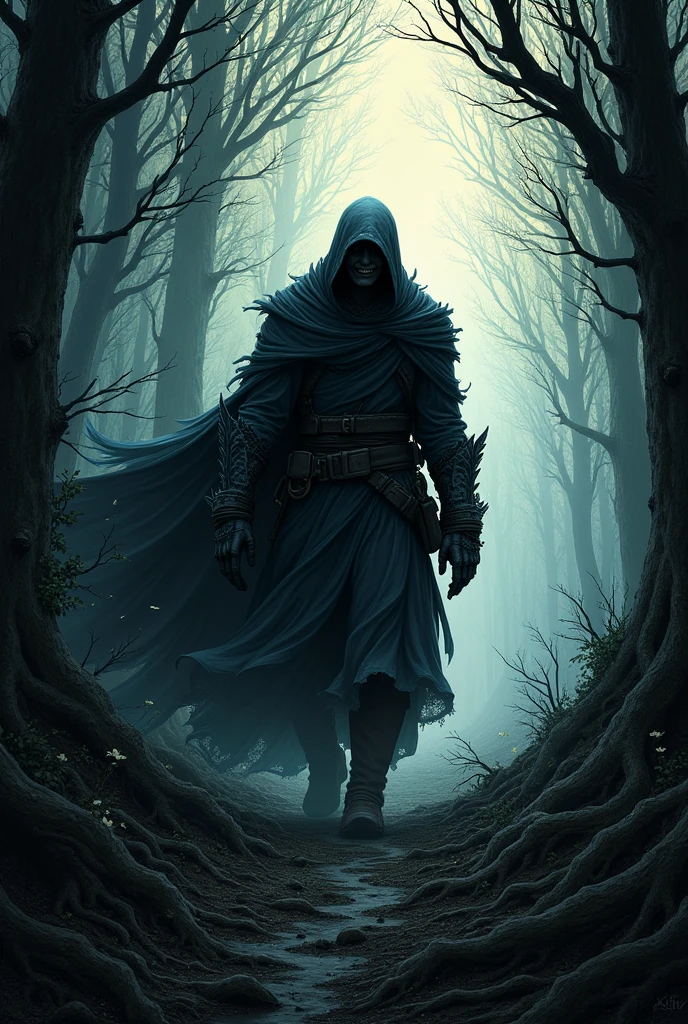 Create a lineart illustration Scene: Alternate Guardian in the Dark Forest: Illustrate the Alternate Guardian, shrouded in shadows, stalking through the dense, dark forest towards the hut. His expression should reflect anger and determination, with the surroundings reflecting his turbulent state of mind. The Congregation's vehicle, protected by a spell, can be seen in the background, shrouded in a faint magical aura.