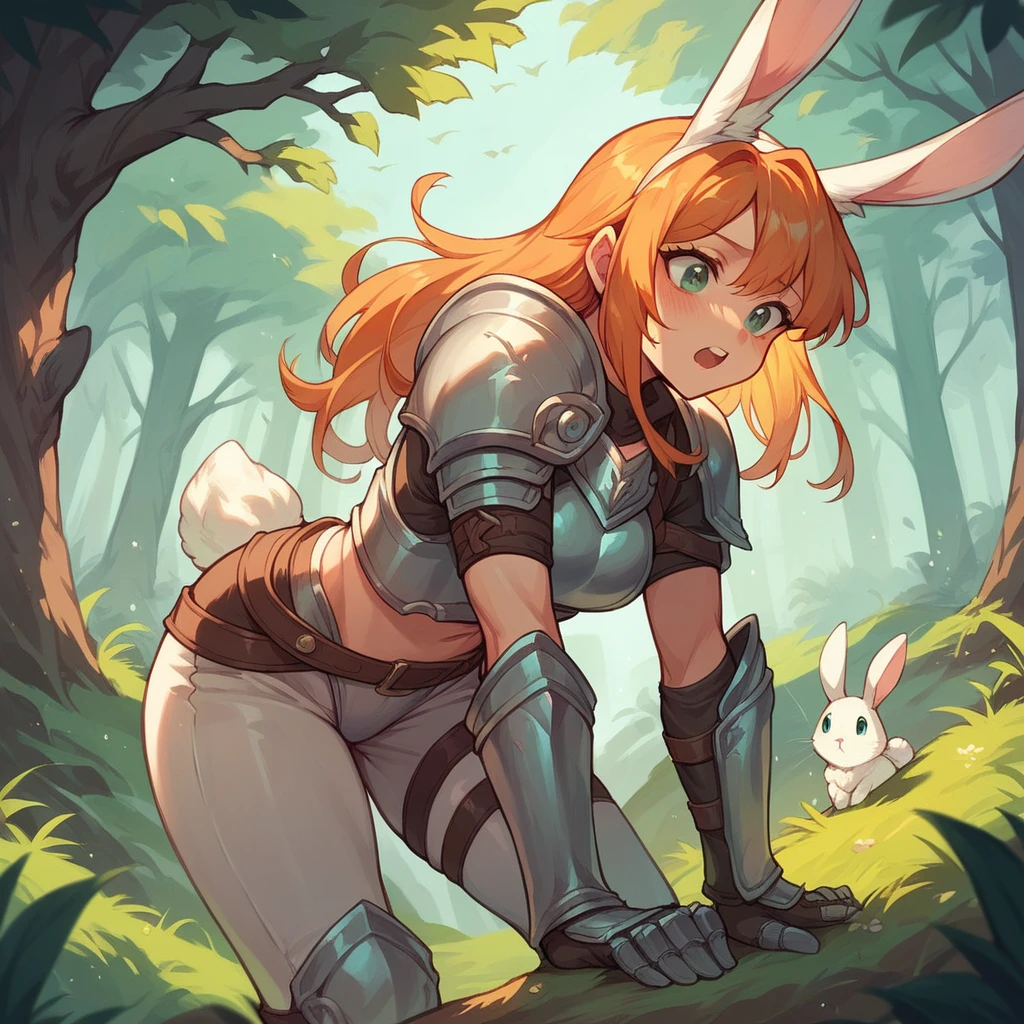 A female scout (with white bunny ears, like actual bunny ears.) with armor on is sneaking in a forest. she has orange hair.