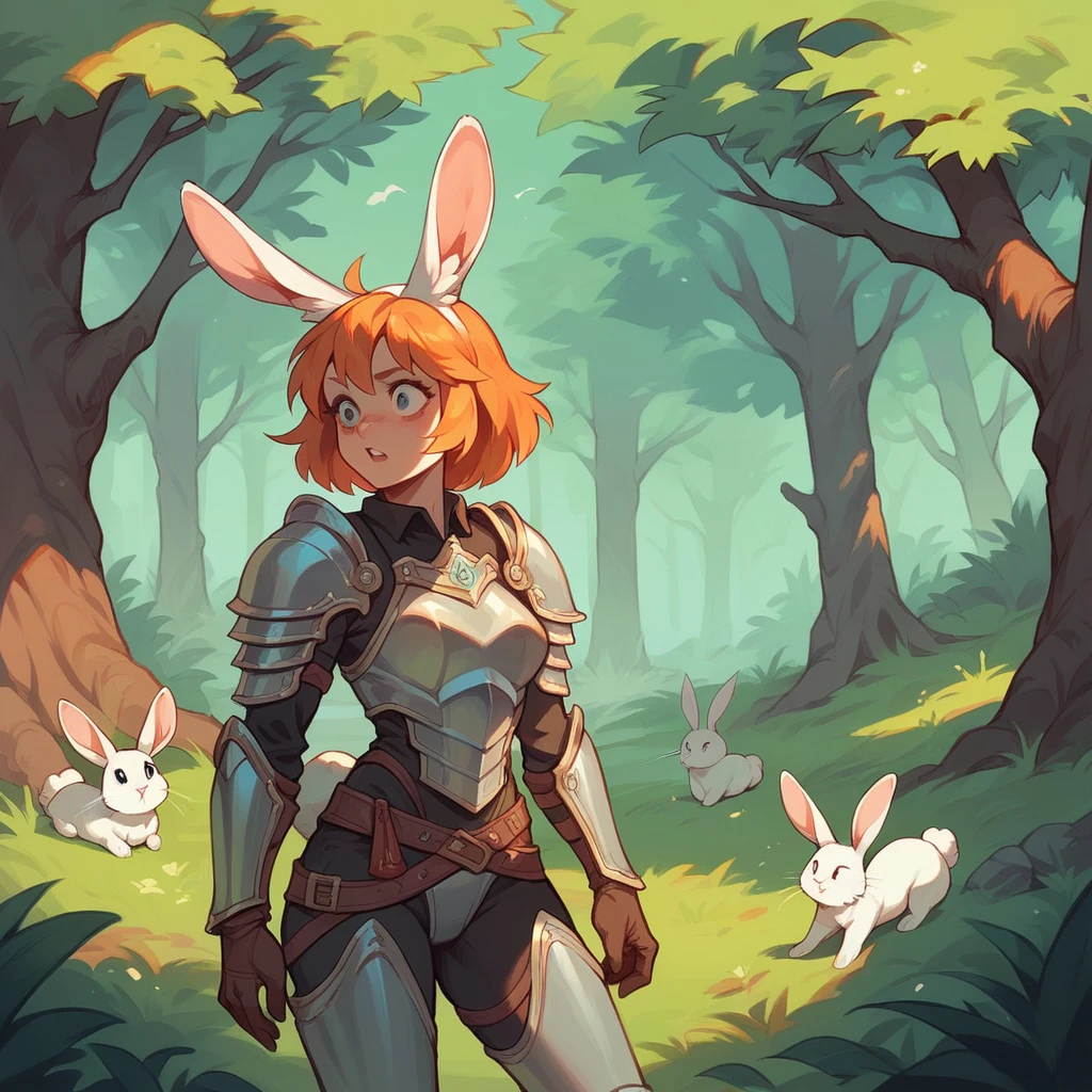 A female scout (with white bunny ears, like actual bunny ears.) with armor on is sneaking in a forest. she has orange hair.