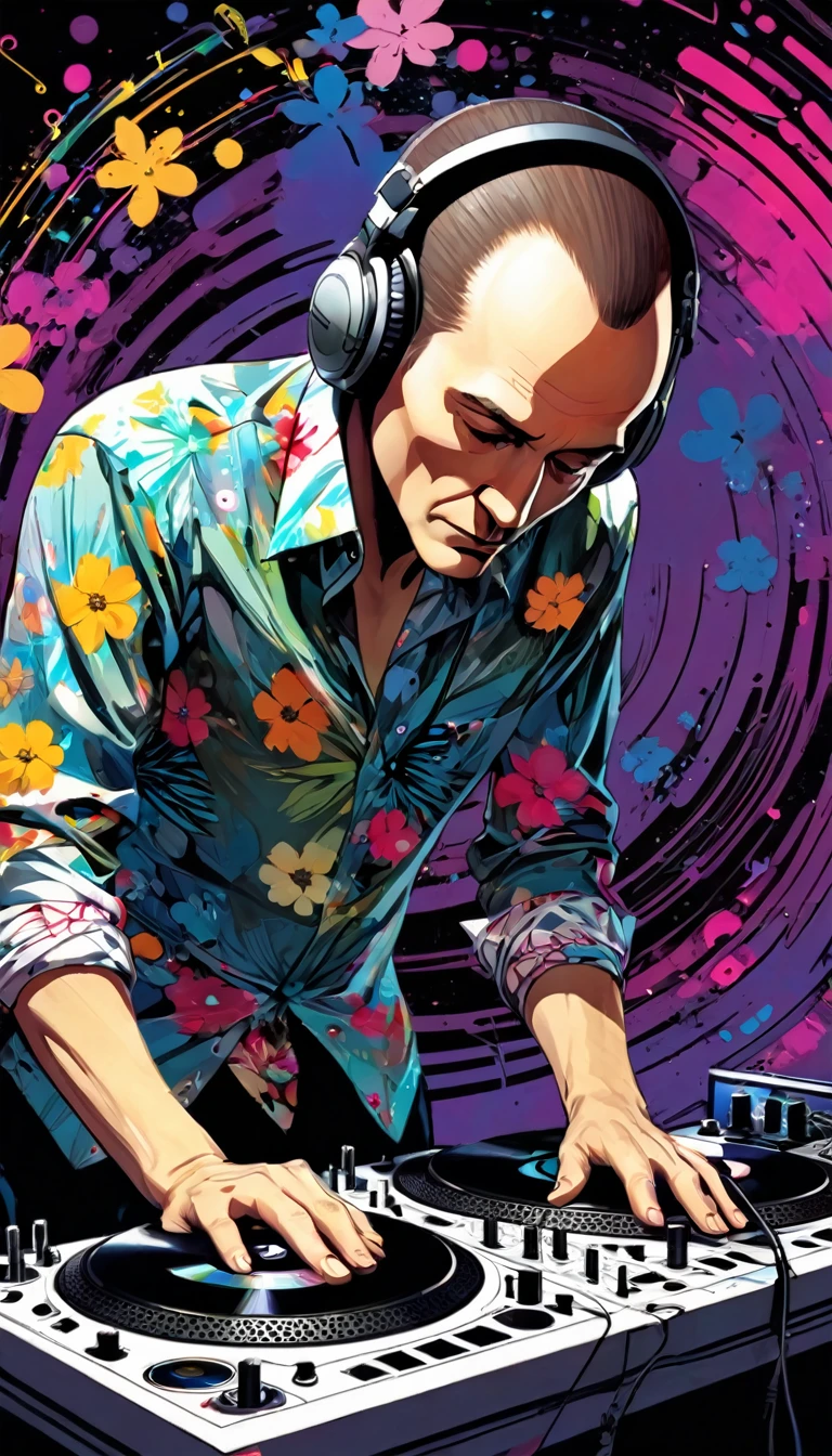 thin man, shaved brown hair, receding hairline, flowered shirt, dj, DJing, dynamic pose,, art inspired by Bill Sienkiewicz and Dave McKean
