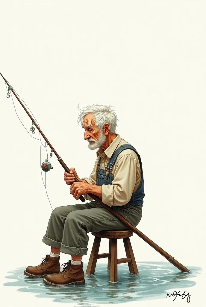 Drawing of a grandpa sitting on a stool fishing with a transparent background colored drawing