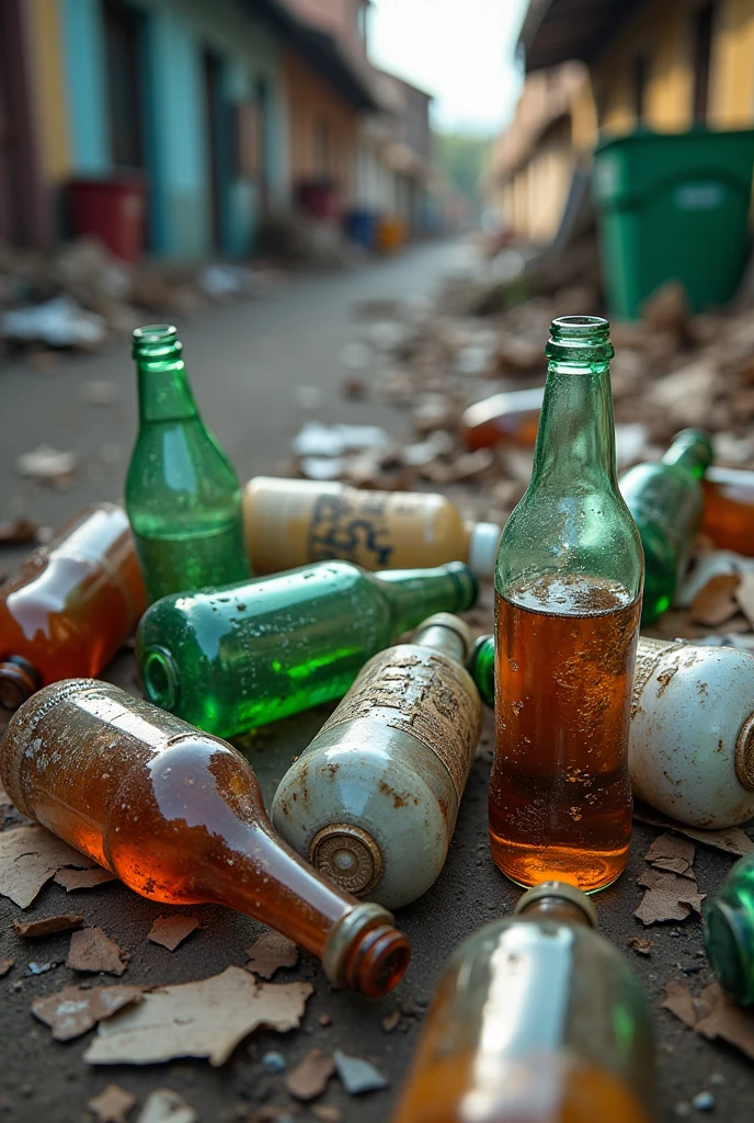 Realistic photo, 9 bottles of plastic and glass, different colours, in street garbage, some broken or smashed, Brazil