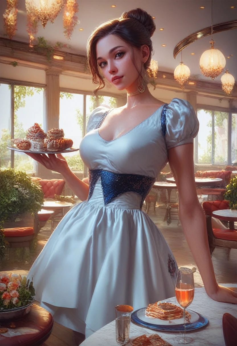 score_9, score_8_up, score_7_up,1girl,tentenXL,brown hair,hair bun,detailed face, masterpiece,best quality, shiny , wearing a dress,restaurant, looking at viewer, closeup