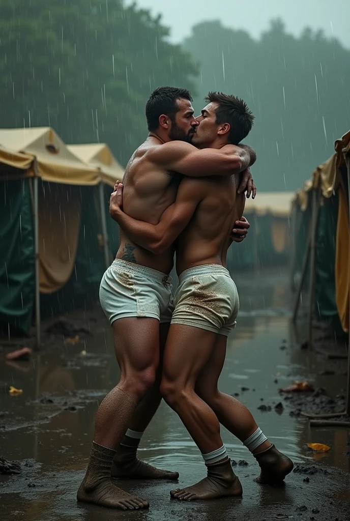 In the field rugby camp , very wet ,arafed male rugby player captain drunk and shirtless, kissed and Abused by a rugby man smaller, thinner and effeminate, large lump, white speedo ,bulge , showing full pecs and abs,wet dreams, Big erection, kisses, porn gay, fondled, Abused, Hyperrealism