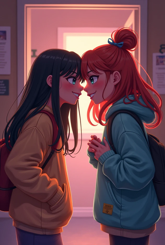 Two mischievous girls whispering to one another