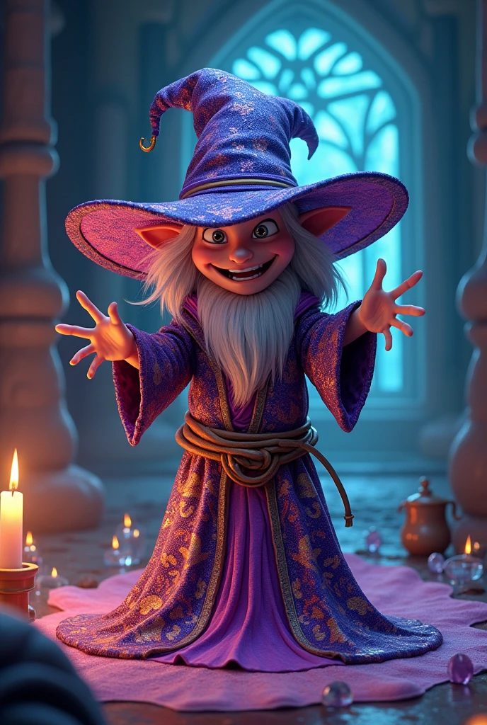 A bad wizard got tied up 
with sparkly robe. Make it animation