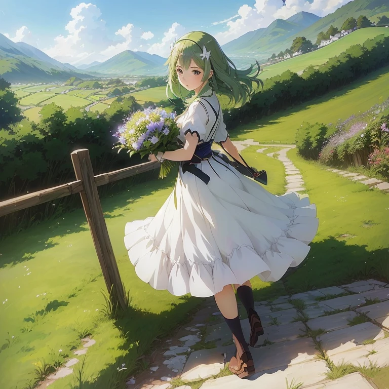 anime girl in white dress walking on path in grassy field, rin, cushart krenz key art feminine, in dress, shirabii, , anime visual of a cute girl, anime countryside landscape, arte koto no ha no niwa, official art, official anime artwork, smooth anime cg art, official artwork