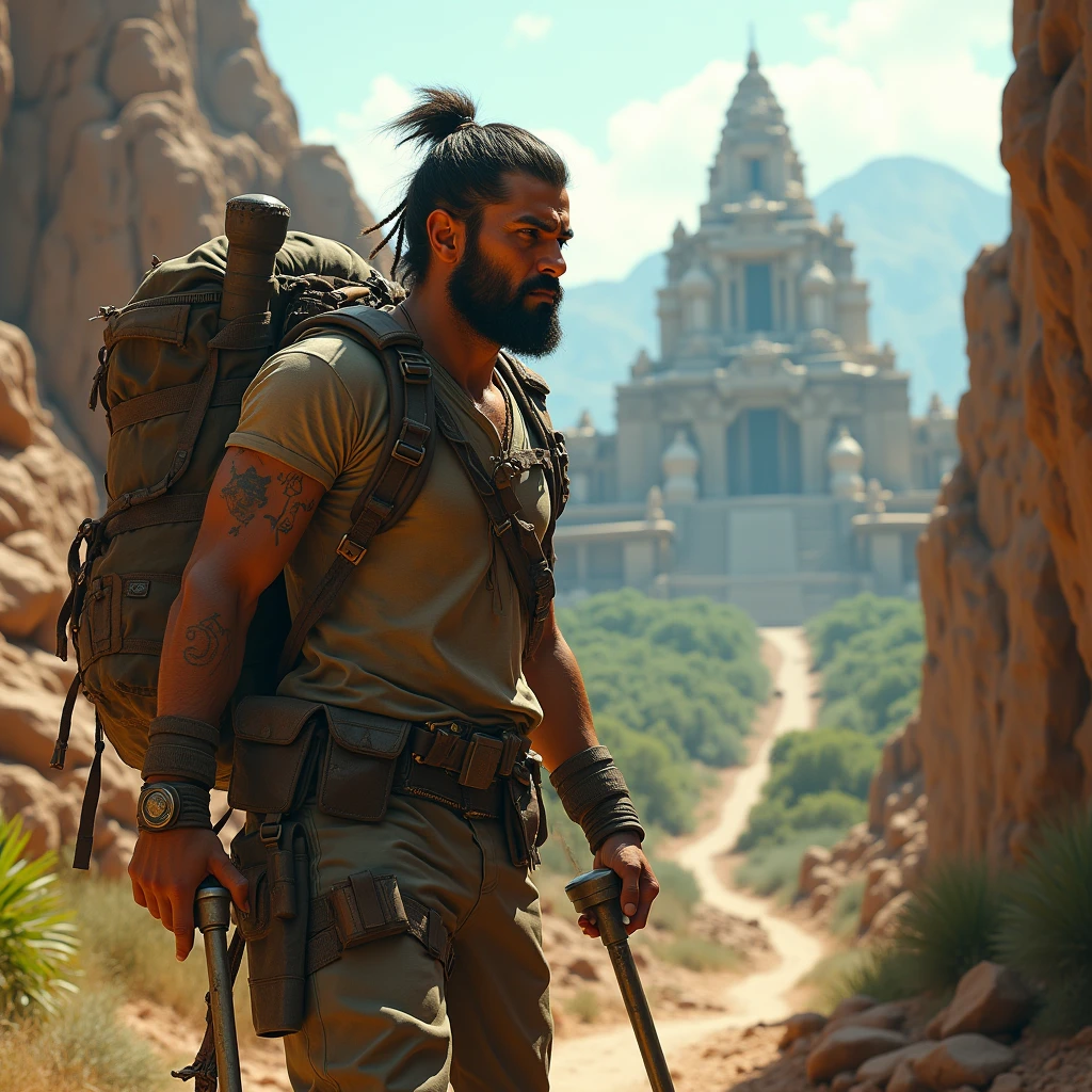 Traveling through arid deserts and inhospitable mountains, faced extreme conditions, But he didn't give up. Following the clues, arrived at an ancient temple hidden deep in the jungle.