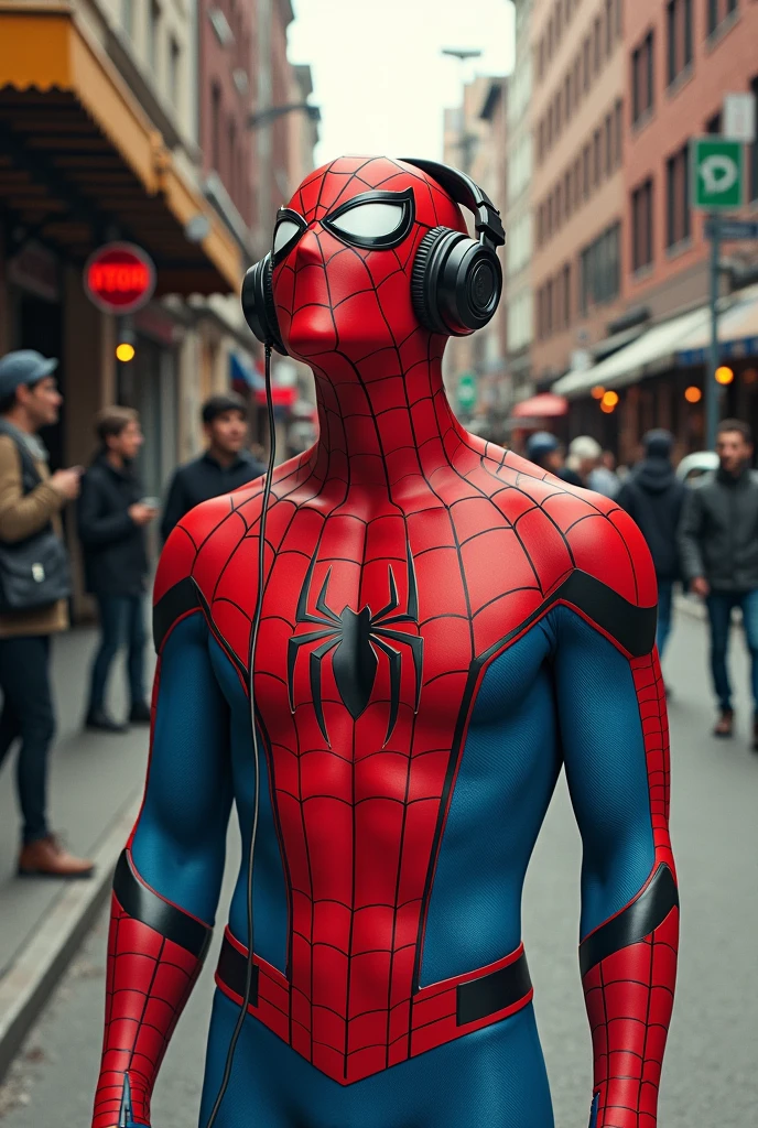 Spider Man with Headphone Listening Music on the Street Retro comic style artwork, perfect composition,hyperrealistic,super detailed,high quality,sharp focus,studio photo,intricate details,highly detailed