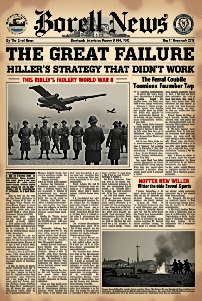 Borell News - Special Edition on World War II Cover Main Title: Borell News
Data: [Edition Date]
cover image: A historical illustration from World War II (it could be a picture of soldiers or a battle).
Main Highlight: "The Great Failure: Hitler&#39;s Strategy That Didn&#39;t Work"
Other Headlines:
"The Rise of Nazism"
"The Role of the Allies in the Defeat of the Axis"
Page 2: Publisher Title: Reflections on War Contents: An editorial discussing the importance of understanding the strategic failures of war to avoid future repetitions.
Page 3: The Failure of Hitler&#39;s Strategy Title: Operation Barbarossa: A Pre-Announced Disaster Contents: Detailed analysis of the invasion of the Soviet Union, including:
Causes of the failure Consequences for the Axis Testimonies of soldiers and civilians of the time Page 4: The Resistance and the Allies Title: How the Allies Changed the Course of the War Contents:
Report on the main battles won by the Allies Profiles of Allied leaders, like Churchill and Roosevelt The impact of resistance in occupied Europe Page 5: or D-day e suas Consequências
Título: or D-day: The Beginning of the End for the Content Axis:
Description of the operation and its execution Interviews with historians about its repercussions Maps and graphs illustrating troop movements Page 6: Culture and Society During the War Title: Everyday Life in Times of Conflict Contents:
Articles on how war influenced culture (artistry, music, literature)
Testimonies from people who lived through the war Curiosities section about the period Design and Style Typography: Use classic fonts, as serifs, to give an old newspaper look.
colors: Predominance of black and white, with sepia touches for an aged look.
imagery: Historical photographs and period illustrations, with explanatory captions.  CAN YOU CREATE THIS NEWSPAPER FOR ME?? (IN A4 SHEET SIZE)
