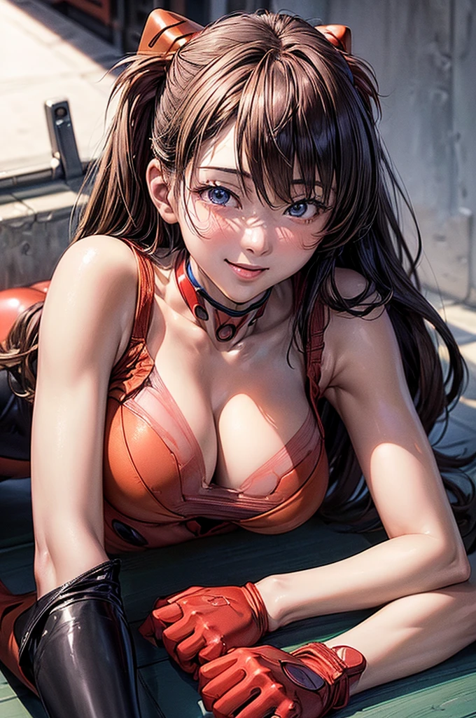 (masterpiece, Highest quality:1.3), (Super detailed:1.4),(Super detailed顔:1.2),(Super detailed目:1.2), (hyperRealistic:1.3), (RAW Photos:1.2), High-definition RAW color photos, Professional photos, (PhotoRealistic:1.4), (Realistic:1.4),8k,Professional Lighting, Perfect Anatomy, BREAK,(Big Breasts:1.4),(blush:1.2),(Bright smile:1.3),detail, Sharp focus, dramatic,dutch angle,(Sexy gravure pose:1.3),asuka langley soryu, (souryuu asuka langley:1.2), long hair, bangs, Blue eyes, brown hair, hair ornament,bodysuit, pilot suit, plugsuit, (red bodysuit:1.5), interface headset,