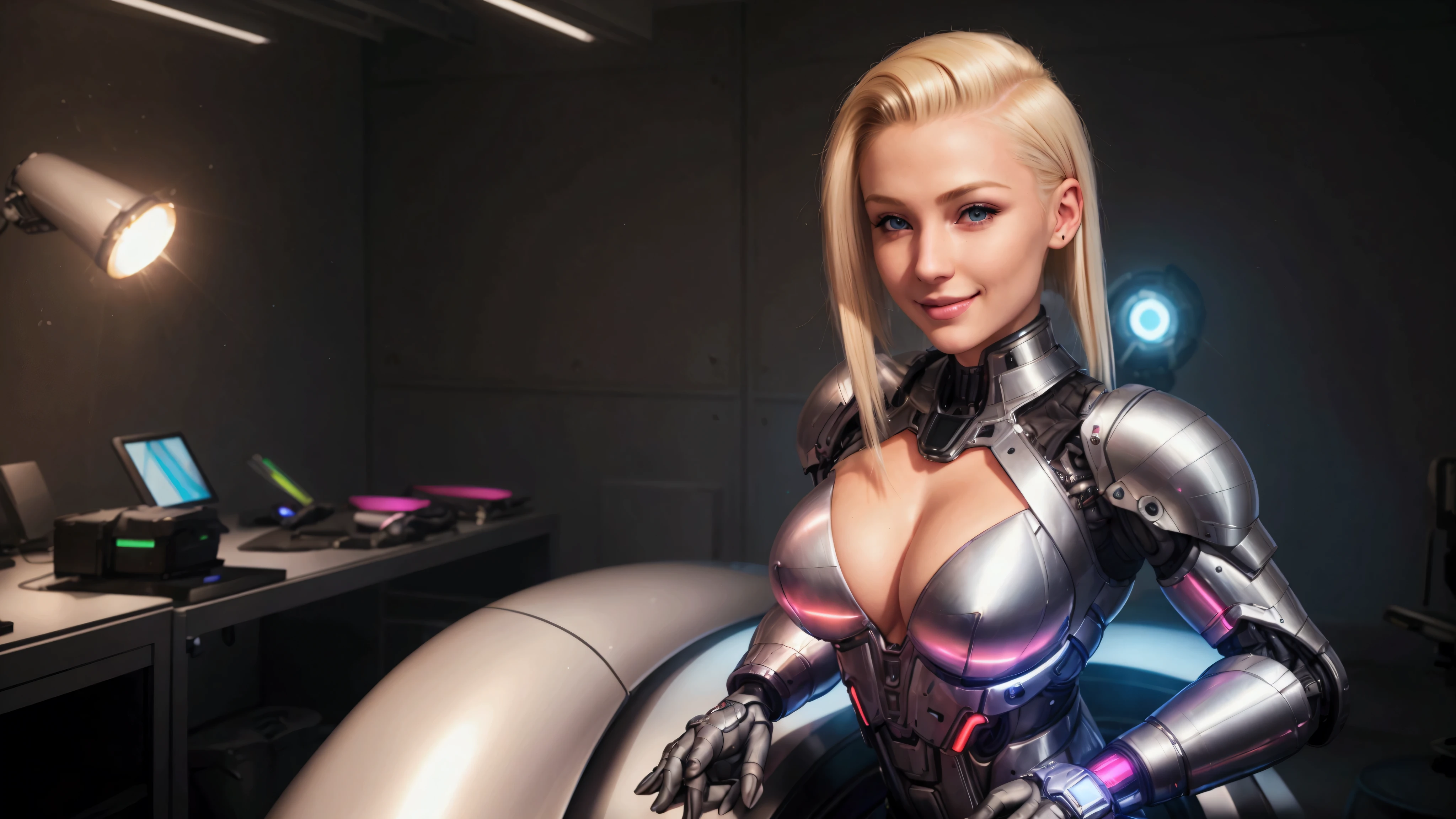 (best qualityer, ultra detali, photorrealistic: 1.39), bright and vibrant colors, studio lighting, romantic expression, cybernetic and futuristic clothing, platinum undercut, hair blonde, breasts small, adjusting, shorth hair, mercenary, sorriso sexy