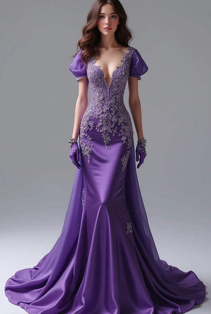 A long, tight purple dress with lots of detailing on it, open in front, and with short, puffy sleeves, with white crystal details and white flower designs, wearing purple gloves with silver flower root details, a brunette person with brown wavy hair wearing it from the front