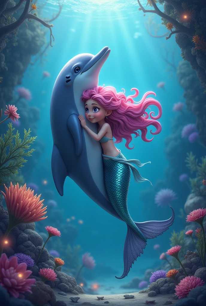 Brown mermaid with pink curly hair, purple eyes. Hugging with dolphin