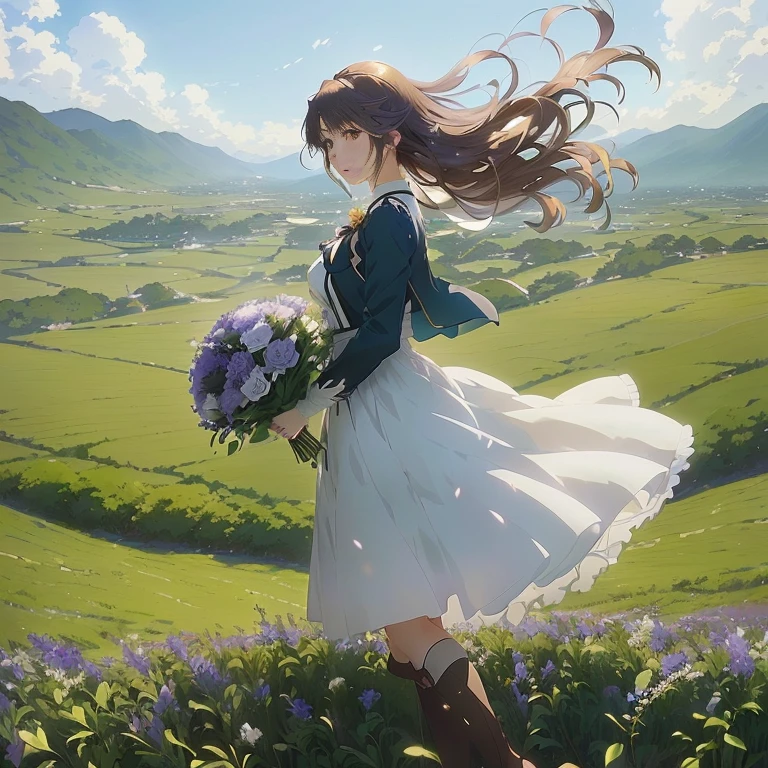 anime girl in a white dress holding a bouquet of flowers, official art, official anime artwork, violet evergarden, beautiful anime, official anime still, rin, key art, anime background key visual, makoto shinkai art style, kyoto animation key visual, anime key art, anime visual of a cute girl, ( ( makoto shinkai ) )