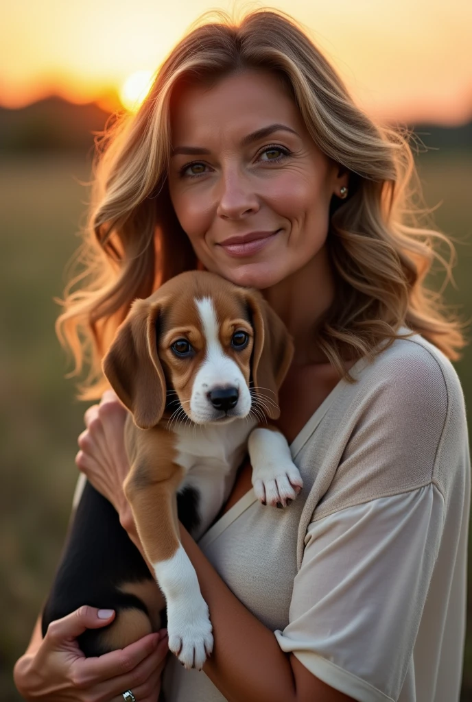 fRealistic photo of a mature brunette holding a beagle puppy, she has wavy brown hair with blonde highlights, hazel eyes, beautiful sagging medium breasts, HDR, 8k, photo taken with an IPHONE, they are arranged in a semi-circle, creating a balanced composition. She is using a high-end DSLR camera, such as a Canon EOS R5 with a 24-70mm f/2.8 lens. The camera is mounted on a sturdy tripod and the settings include:
Aperture (f/4.0): To achieve a moderate depth of field that keeps the whole group in focus while slightly blurring the background to make people stand out.
Shutter Speed ​​(1/250s): Fast enough to freeze any subtle movement without motion blur.
ISO (200): To capture the soft light of the evening without introducing noise into the image.
Auto Focus Mode (Single Point AF): Focused on the woman, ensuring her face is sharp.
White Balance (Custom): Adjusted to accurately capture the warm tones of sunset.