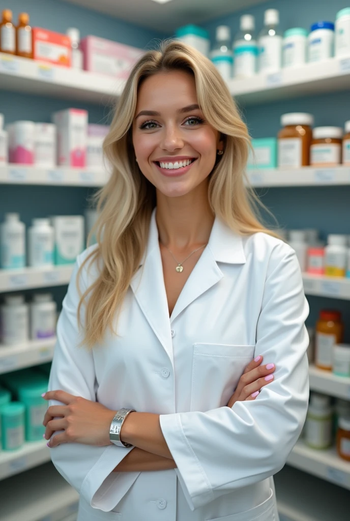 A young, smiling blonde woman wearing a white lab coat standing in a pharmacy or drugstore