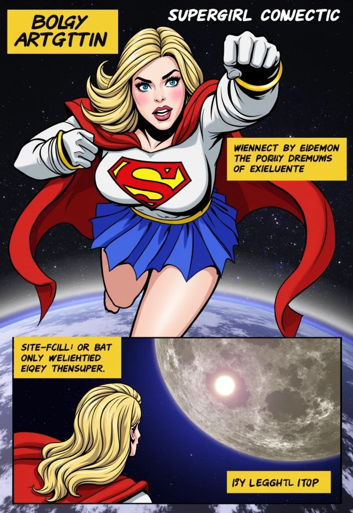 supergirl is flying in the universe, she is wearing a topper, in another frame she is looking at the moon. Pay attention to the background scene, very detailed. (masterpiece, best quality, hires, high resolution: 1.2), (extremely detailed, realistic, intricate details, high resolution), 3d, cg, ((bbw)), glowing skin, blush, eyeliner, ((giant breasts, saggy breasts: 1.1)), (cinematic lighting, sunlight, volumetric), body made, ((perfect split lighting)), (((perfect eyes))). (((detailed eyes))), (god yes),,Altamente detalhado, 8K, fotorrealista, Intrincado, hiper-realista, iluminação claro-escuro, tons de cores quentes, obra de arte, arte de artgerm e greg rutkowski