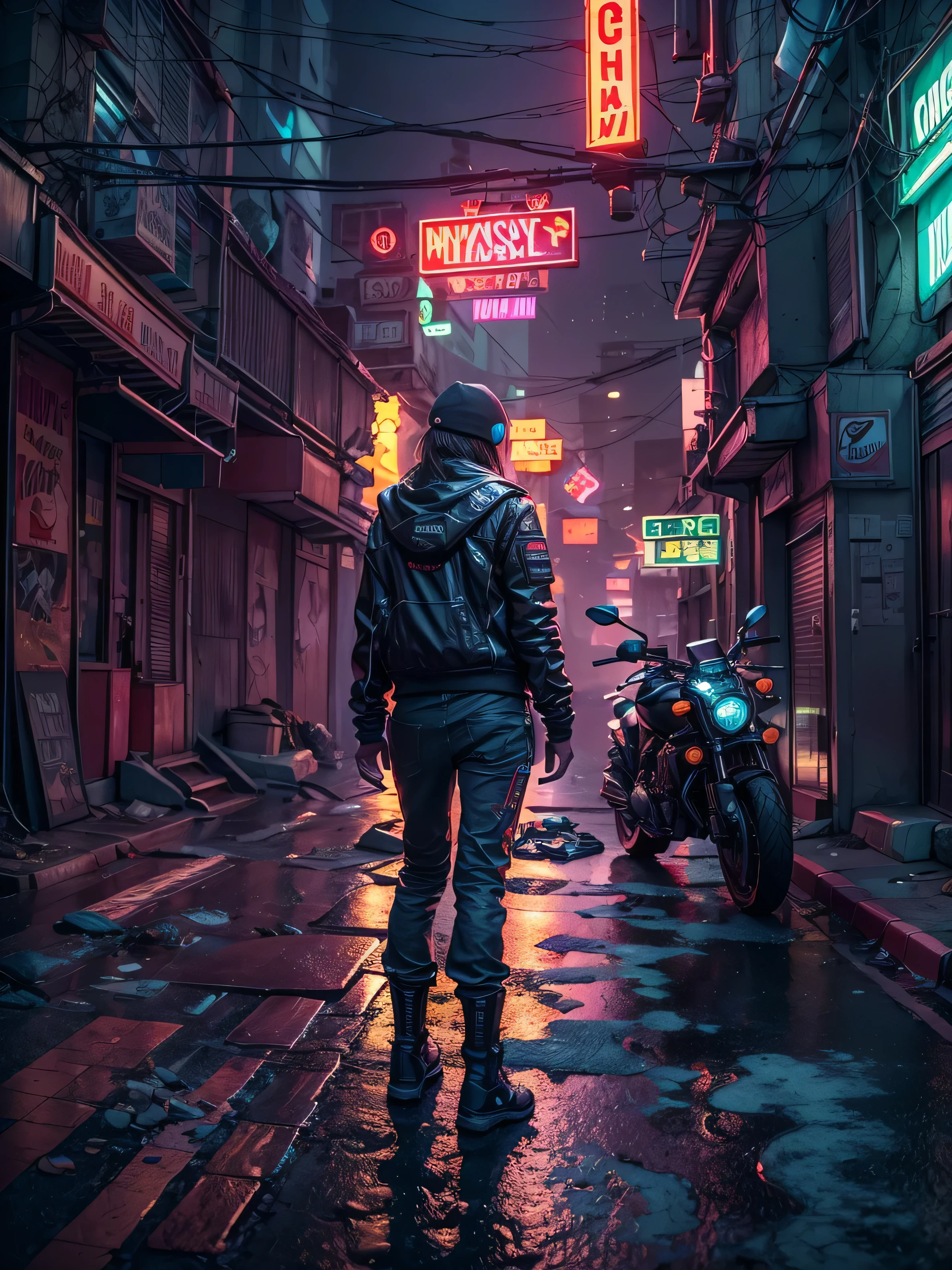 "Create a high-definition, ultra-detailed 3D rendering of a dystopian cyberpunk back alley set in the year 2527. The scene takes place at night during a mysterious, rainy atmosphere. In the foreground, prominently feature a motorcycle girl. She should be positioned within a detailed, shadowy alley illuminated by vibrant neon signs. The neon lights should reflect off the wet pavement and cast dynamic shadows. The environment should emphasize a futuristic, gritty feel, with a strong sense of depth of field and a big-picture perspective. The scene should capture both the intricate details of the character and the dystopian surroundings."