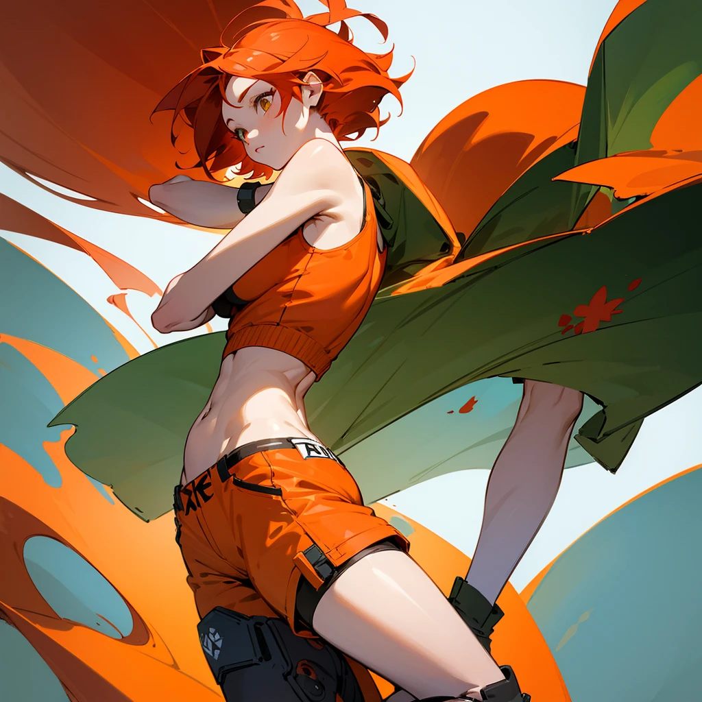 Create a detailed anime style sketch of a female character shown in three poses: Front view, side view and back view. The character has messy vibrant orange-red hair, adorned with a large flower. Her eyes are green, and has a tender and friendly expression. She is wearing a sports bra, Gloves without fingers, Shorts, and high boots, which gives it an athletic and adventurous appearance. her body is voluptuous, with pronounced bust and hips. Make sure all poses are perfectly aligned and show the full body in detail.. The art style should be clean, detailed and softly shaded.