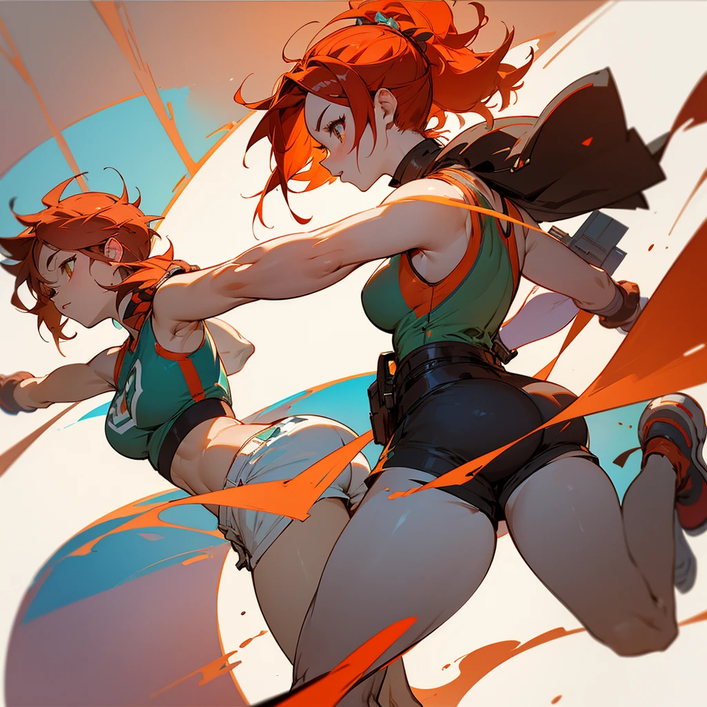 Create a detailed anime style sketch of a female character shown in three poses: Front view, side view and back view. The character has messy vibrant orange-red hair, adorned with a large flower. Her eyes are green, and has a tender and friendly expression. She is wearing a sports bra, Gloves without fingers, Shorts, and high boots, which gives it an athletic and adventurous appearance. her body is voluptuous, with pronounced bust and hips. Make sure all poses are perfectly aligned and show the full body in detail.. The art style should be clean, detailed and softly shaded.