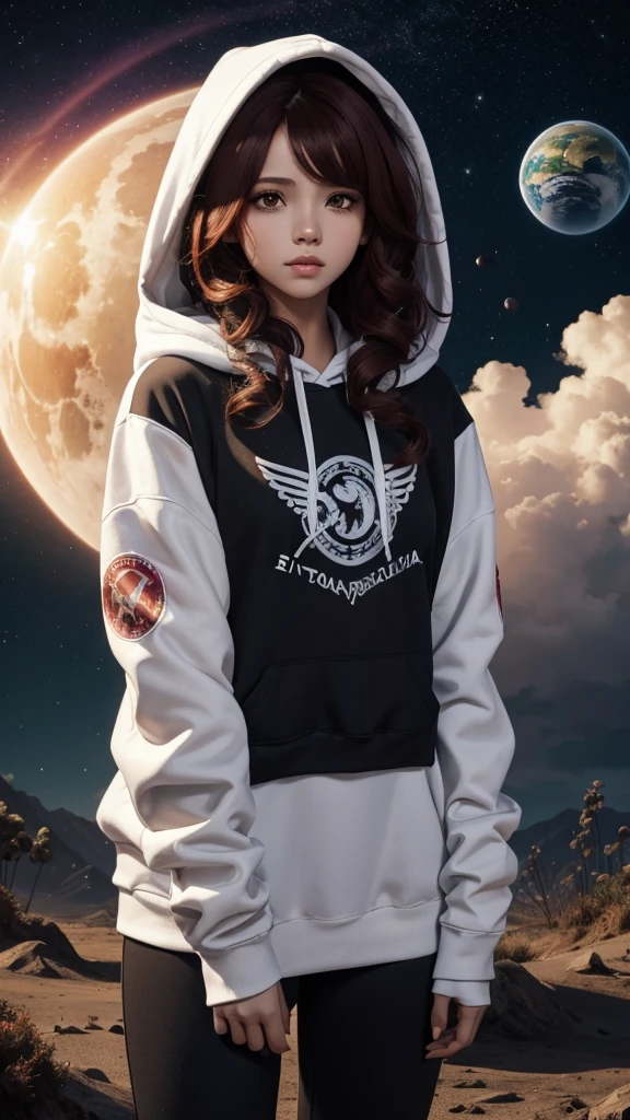 There is a woman with wings, curly red hair, White skin, girl from the country Venezuela Venezuelan trait looking straight ahead and a planet in the background, 3D rendering of a cute anime girl, de Trevor Brown, unknown zodiac sign, inspired by Illarion Pryanishnikov, black hair girl wearing hoodie, Dark skin, normal looking lips, not so long hair, trend in artstaion, qifenglin, poster, technological clothing, low angel