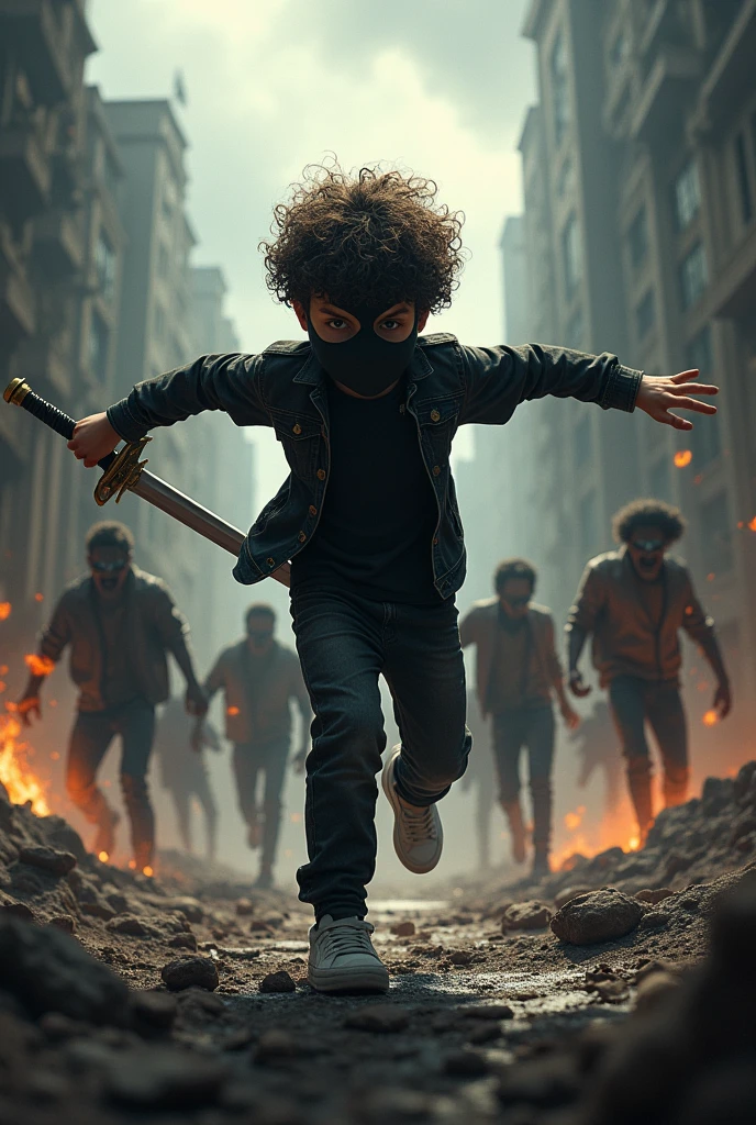 "size": "1024x1024",
"prompt": "A dynamic scene of a young boy with curly hair, wearing black pants, a black shirt, white sneakers, and a mask covering his entire face. He is in action, using a sword to fight off a group of zombies. The setting is dark and intense, with the boy positioned as the hero in the center of the frame, striking down the zombies around him. The background should have a post-apocalyptic, ruined city vibe, with dark clouds and debris scattered around."