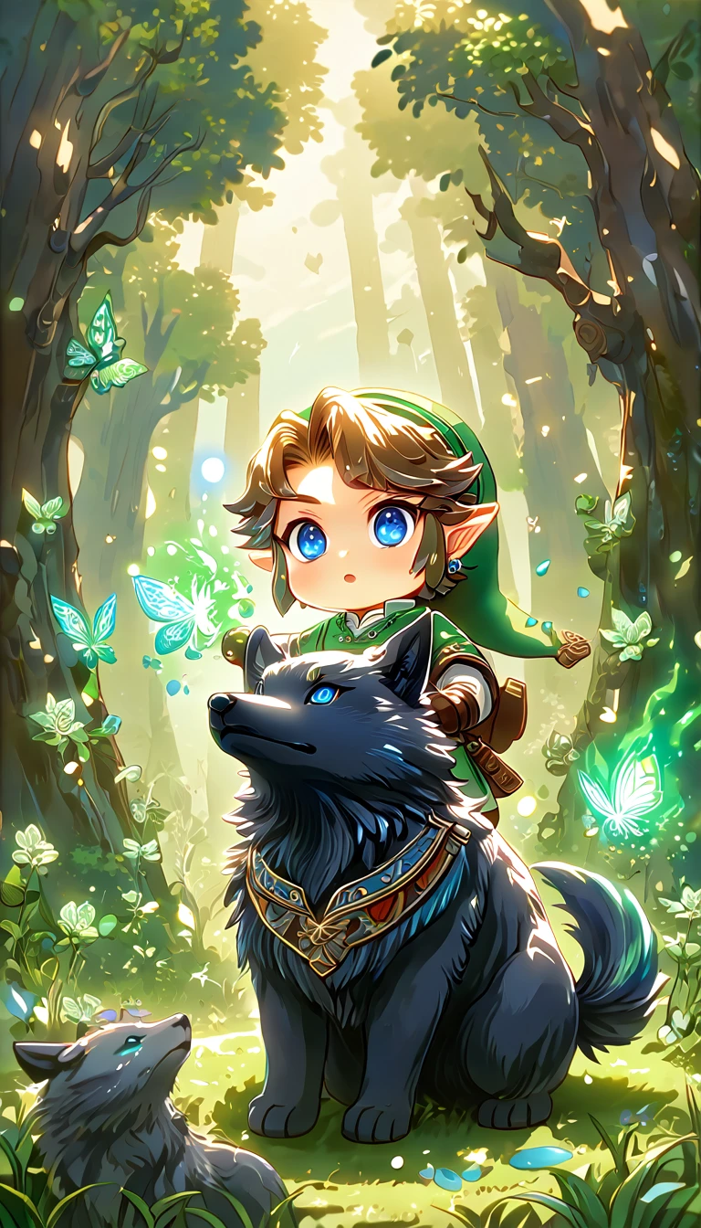 most absurd, highres, extremely detail, HDR, masterpiece, best quality, extremely detail, Chibi-Link, Brown hair, expressive blue eyes, the legend of zelda: Twilight Princess, Boy hugs a black wolf, adorable, small, Good looking, green tunic, Magikal, Fantasies, Magik, green fire, woods, glittering, green butterflies, green petals, green flowers