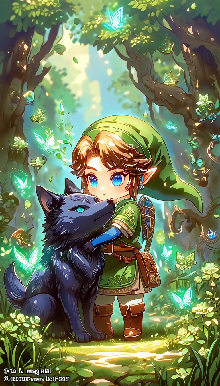 most absurd, highres, extremely detail, HDR, ​masterpiece, best quality, extremely detail, Chibi-Link, Brown hair, expressive blue eyes, the legend of zelda: Twilight Princess, Boy hugs a black wolf, adorable, small, Good looking, green tunic, Magikal, Fantasies, Magik, green fire, woods, glittering, green butterflies, green petals, green flowers